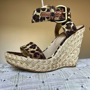 Stuart Weitzman X-Ray Animal Print Fabric Wide Strap Espadrille Wedge Sandal 7 M